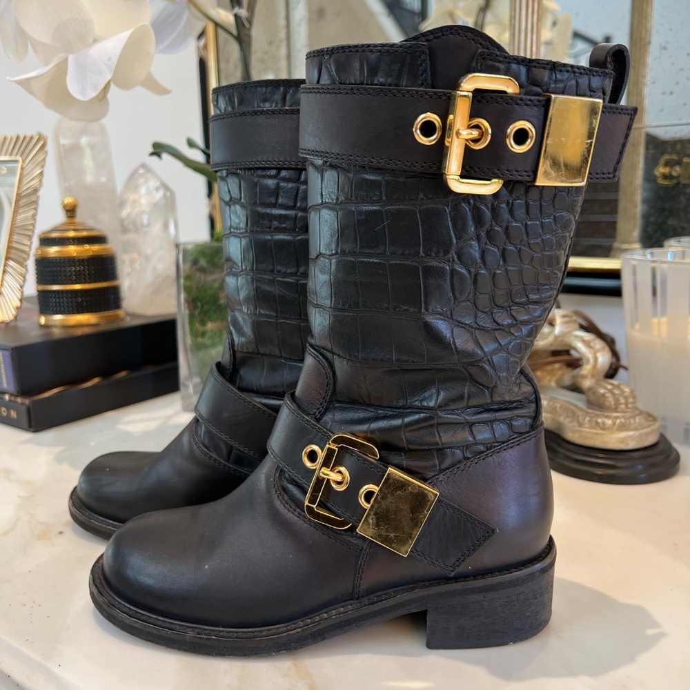 Giuseppe Zanotti Black Leather Boots with Gold Buckles size 35